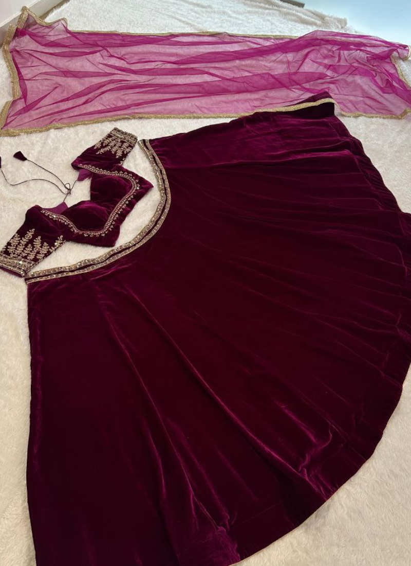 Velvet Lehenga Choli with Sequins & Dori Work + Net Dupatta