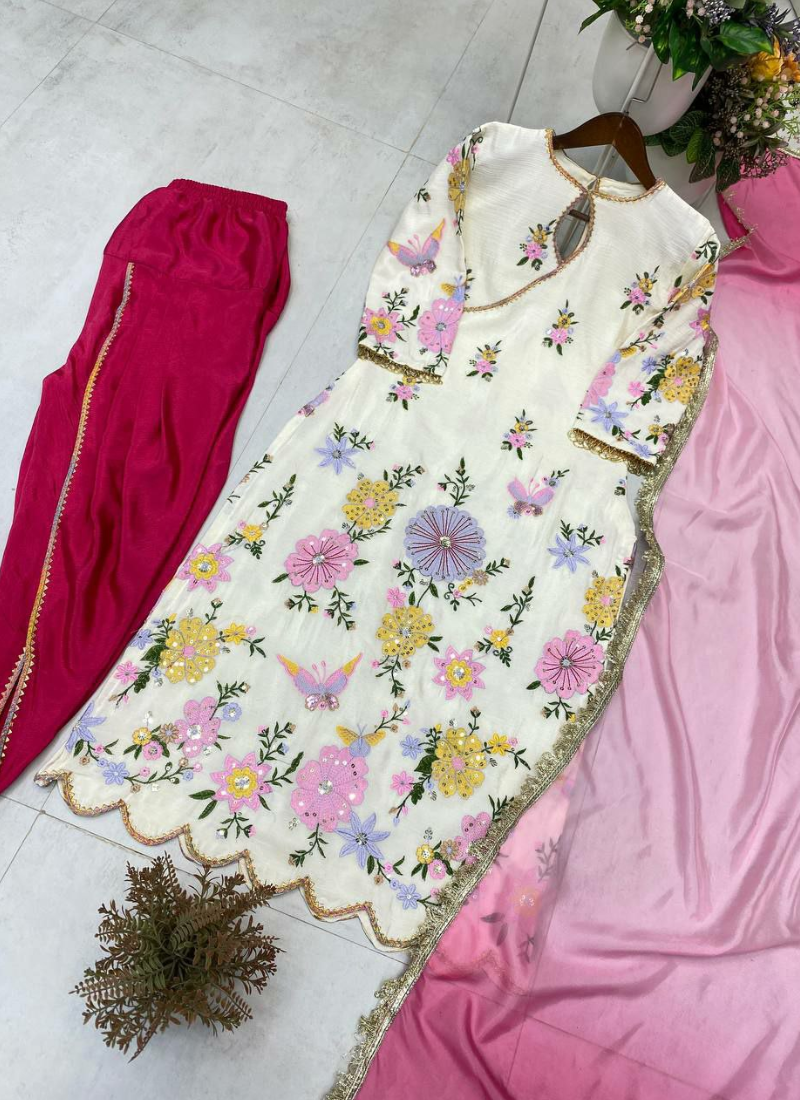 Churidar Suit in Chinon with Sequins Embroidery + Printed Organza Dupatta