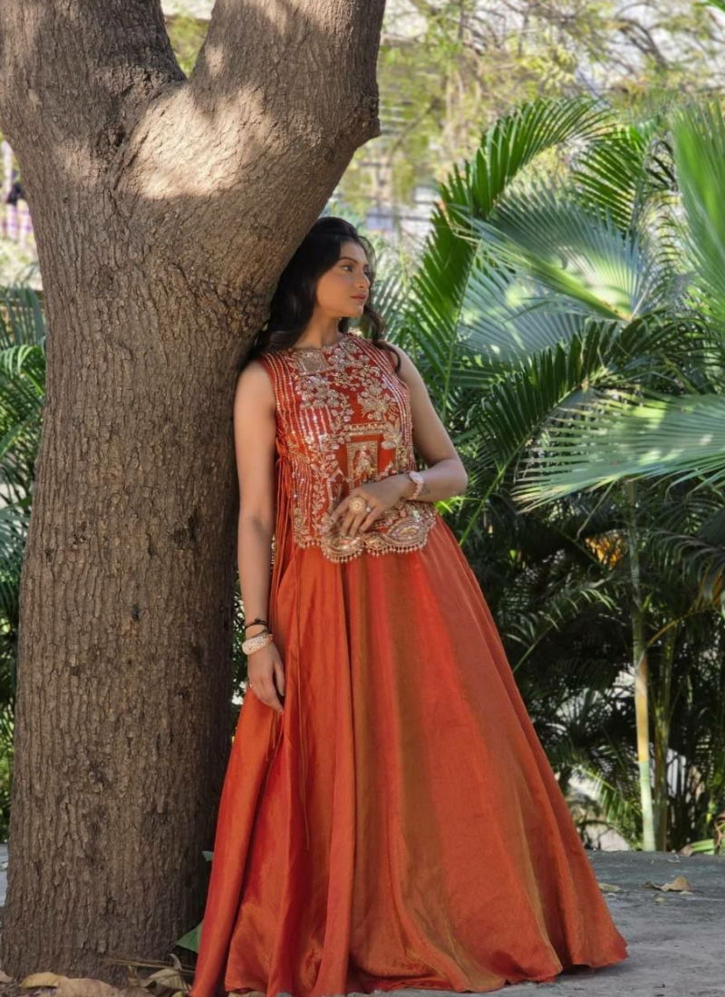 Vichitra Silk Lehenga Choli with Embroidered Shrug