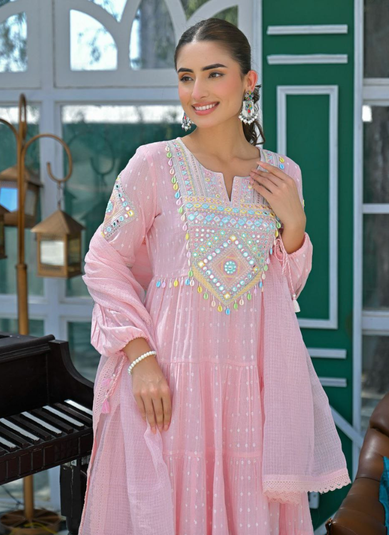 Pink Anarkali Suit in Flex Butti Cotton with Embroidery + Kota Dupatta
