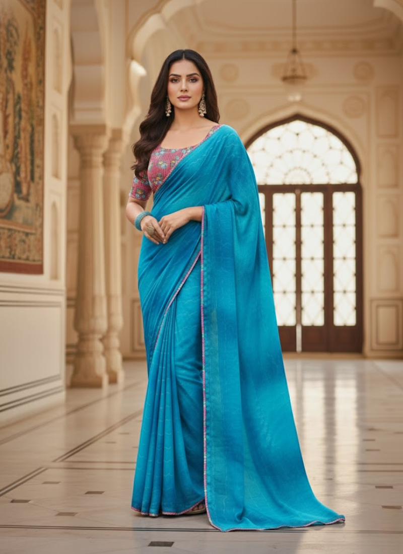 Blue Chiffon Saree with Stitched Floral Blouse