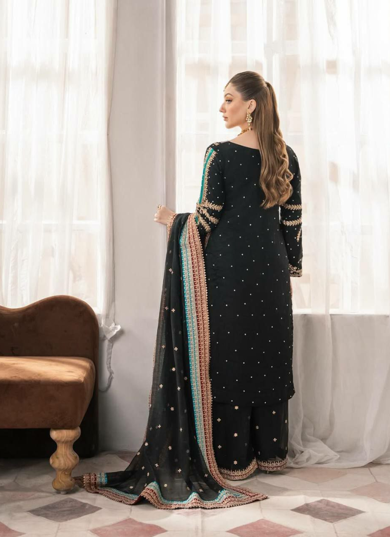 Black Georgette Shalwar Kameez with Sequins & Pearl Mirror Work + Dupatta