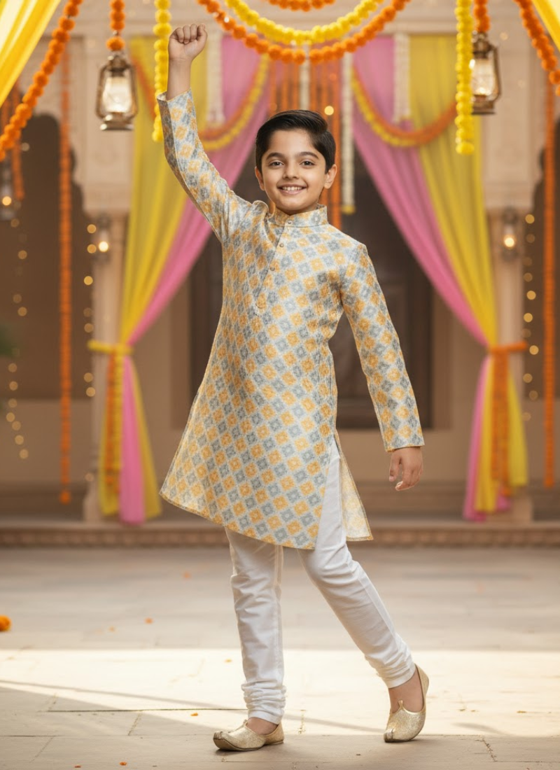 Kids Kurta Pajama – Multicolor Silk Kurta with White Cotton Pyjama