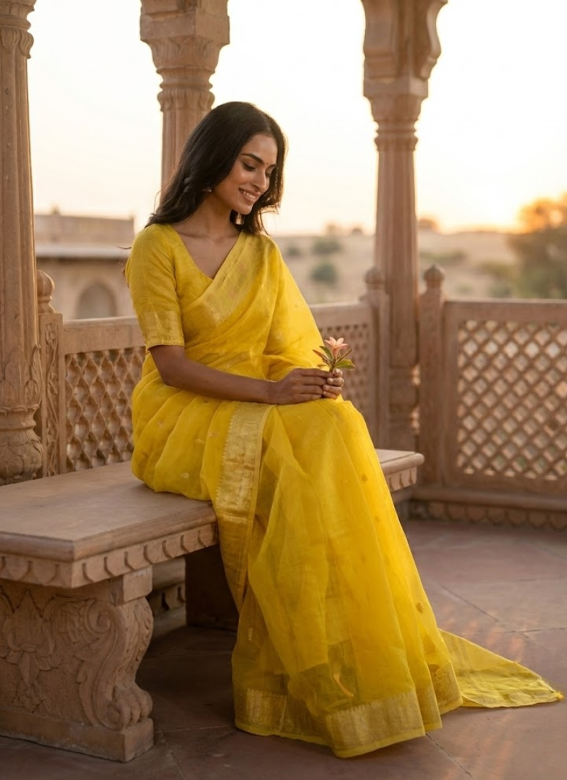 Bright Yellow Jamdani Saree with Mari Thread Work