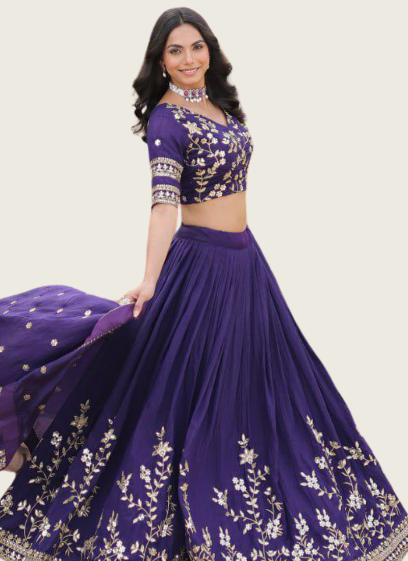 Royal Purple Vichitra Silk Lehenga Choli with Heavy Sequins & Zari Embroidery + Dupatta