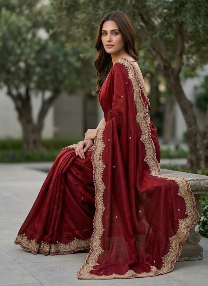 Fendy Satin Silk Saree – Gold Embroidery with Pearl Detailing & Matching Blouse