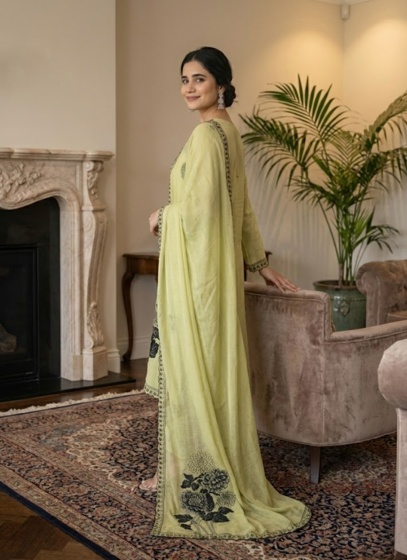 Light Lemon Maslin Salwar Suit with Black Thread Embroidery