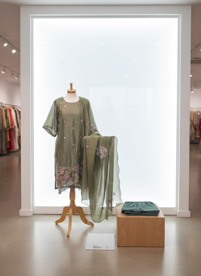 Crepe Silk Salwar Suit – Green with Floral Embroidery