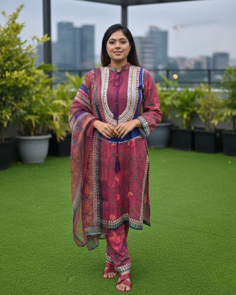 Pink Crepe Silk Salwar Suit – Stone Work & Floral Print