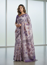 Dhanwari Silk Saree with Floral Print & Zari Border + Contrast Blouse 5