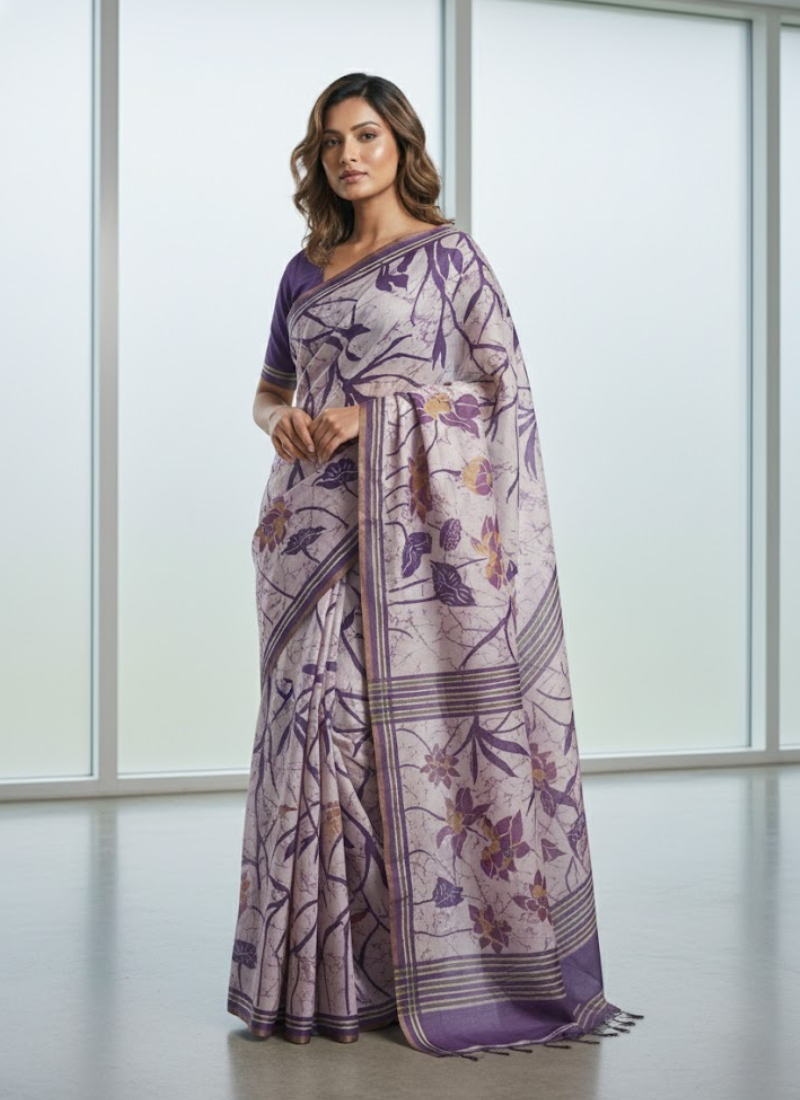 Dhanwari Silk Saree with Floral Print & Zari Border + Contrast Blouse