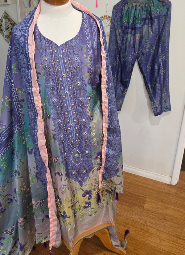 Blue Floral Chinon Silk Dhoti Suit