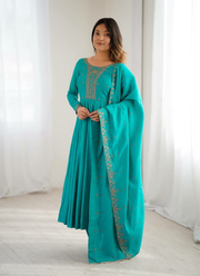 Anarkali Suit in Roman Shimmer Chanderi Silk with Beads Handwork + Embroidered Dupatta 5