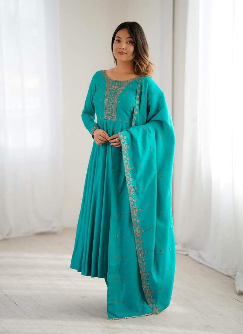 Anarkali Suit in Roman Shimmer Chanderi Silk with Beads Handwork + Embroidered Dupatta