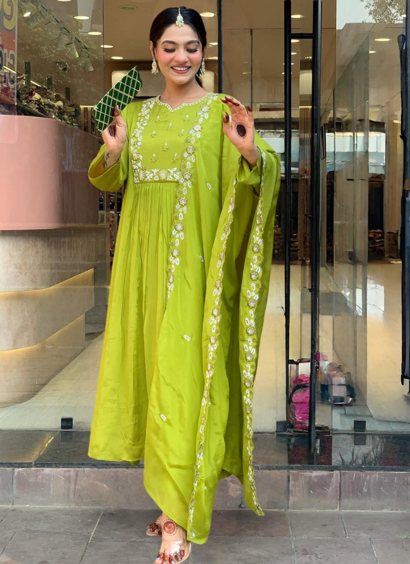 Lemon Yellow Chinon Kurta Set with Dupatta - View 6