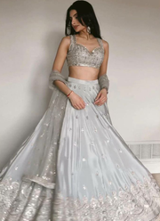 Light Grey/Silver Satin Silk Lehenga Choli with Sequins, Dori & Zari Embroidery + Net Dupatta 5