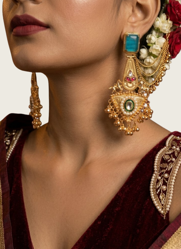 Sea Blue Golden Kashmiri Earrings, bridal jewellery for nikah Perth