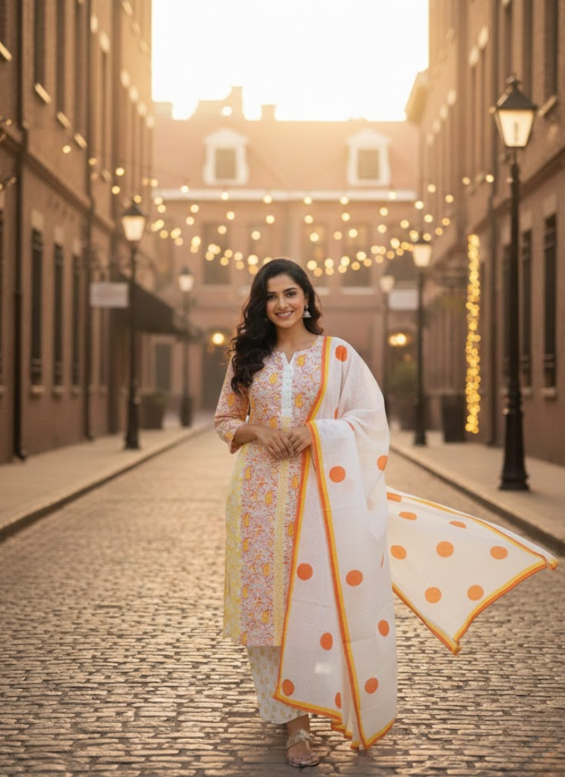Cotton Block Printed Salwar Suit – White & Orange