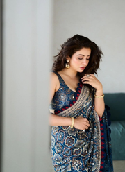 Ajrak Printed Silk Saree – Digital Print, Mirror & Sequins Handwork with Satin Blouse 6