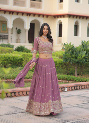 Faux Georgette Lehenga Choli with Sequins & Zari Embroidery + Lace Dupatta 3