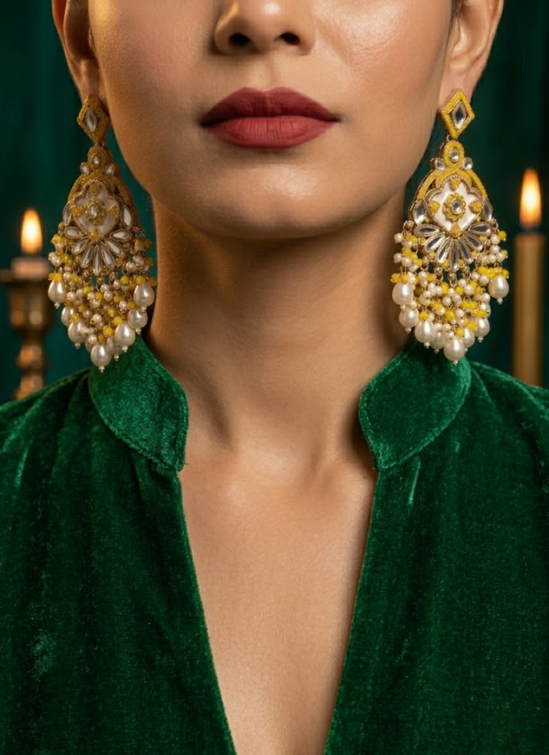 Yellow Kundan Earrings with Moti Work - View 5
