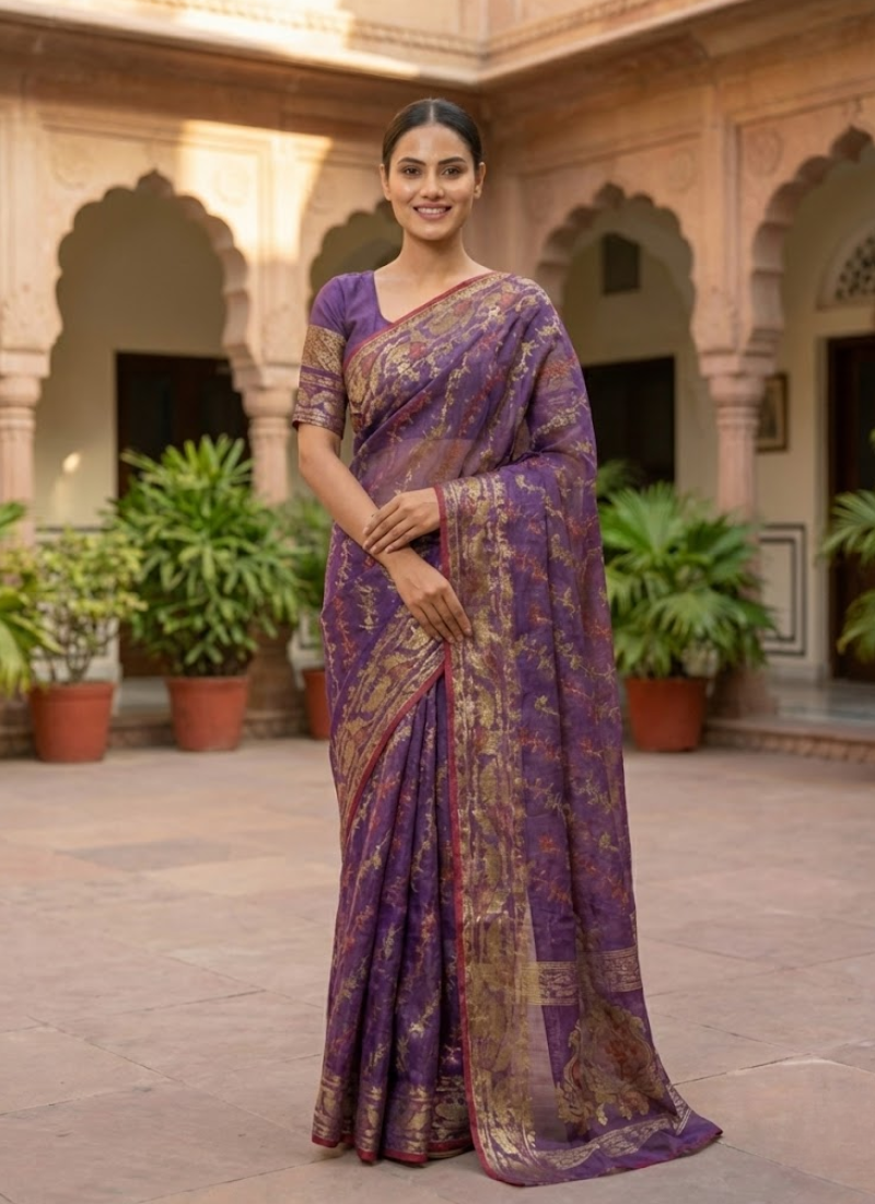 Dark Purple Jamdani Saree with Mari’s Thread Work
