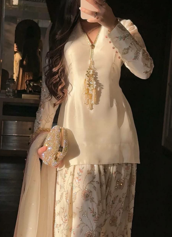 Glass Satin Palazzo Set with Organza Dupatta