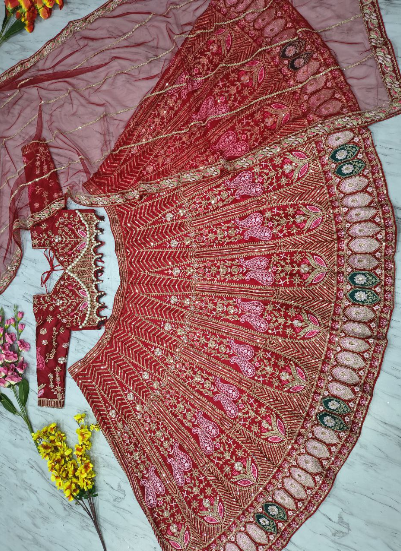 Red Kasturi Silk Bridal Lehenga Choli with Heavy Sequins & Pearl Embroidery + Net Dupatta