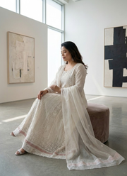 White Handmade Lucknowi Anarkali in Maslin Organza 6