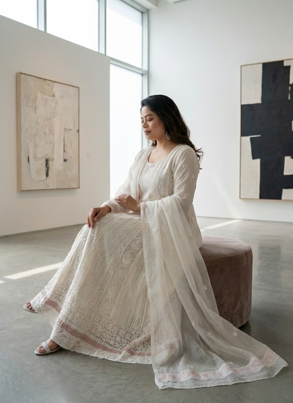 White Handmade Lucknowi Anarkali in Maslin Organza
