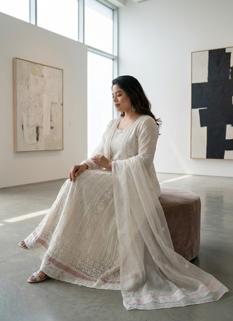 White Handmade Lucknowi Anarkali in Maslin Organza