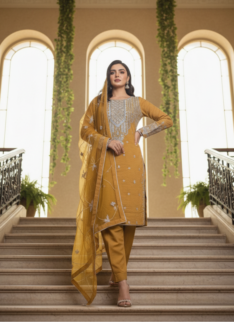 Ochre Pakistani Salwar Suit – Cotton with Silver Embroidery & Dupatta