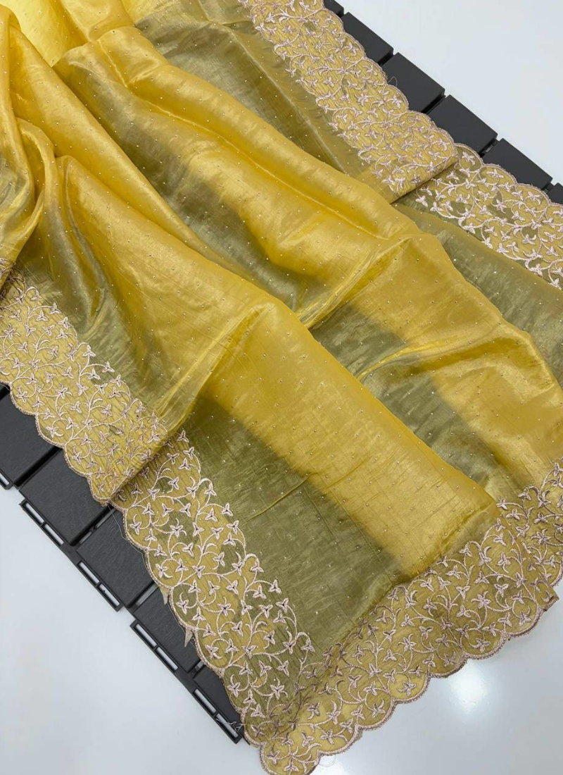 Golden Yellow Silk Saree with Diamond Embroidery, Silver Floral Border & Blouse Piece