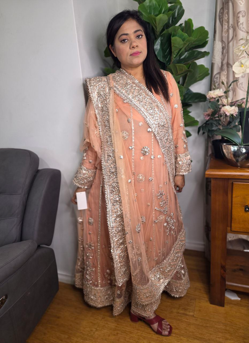 Pakistani Anarkali Dress – Peach Net Gota Patti