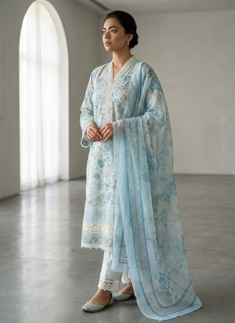 Statement light ash pest salwar kameez with tassels, lace work, and chikankari embroidery on both sides.