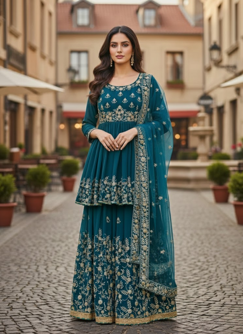 Sea Green Georgette Gharara with Embroidered Net Dupatta