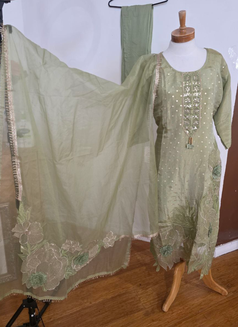 Light Green Straight Salwar Suit with Lace & Maslin Dupatta