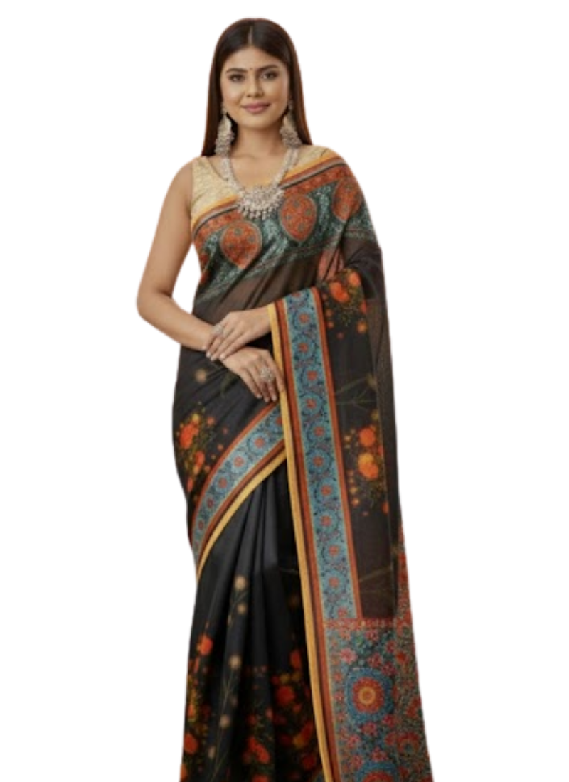 Black Tashar Silk Saree – Red Floral Artistic Print
