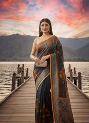 Black Tashar Silk Saree – Red Floral Artistic Print 2