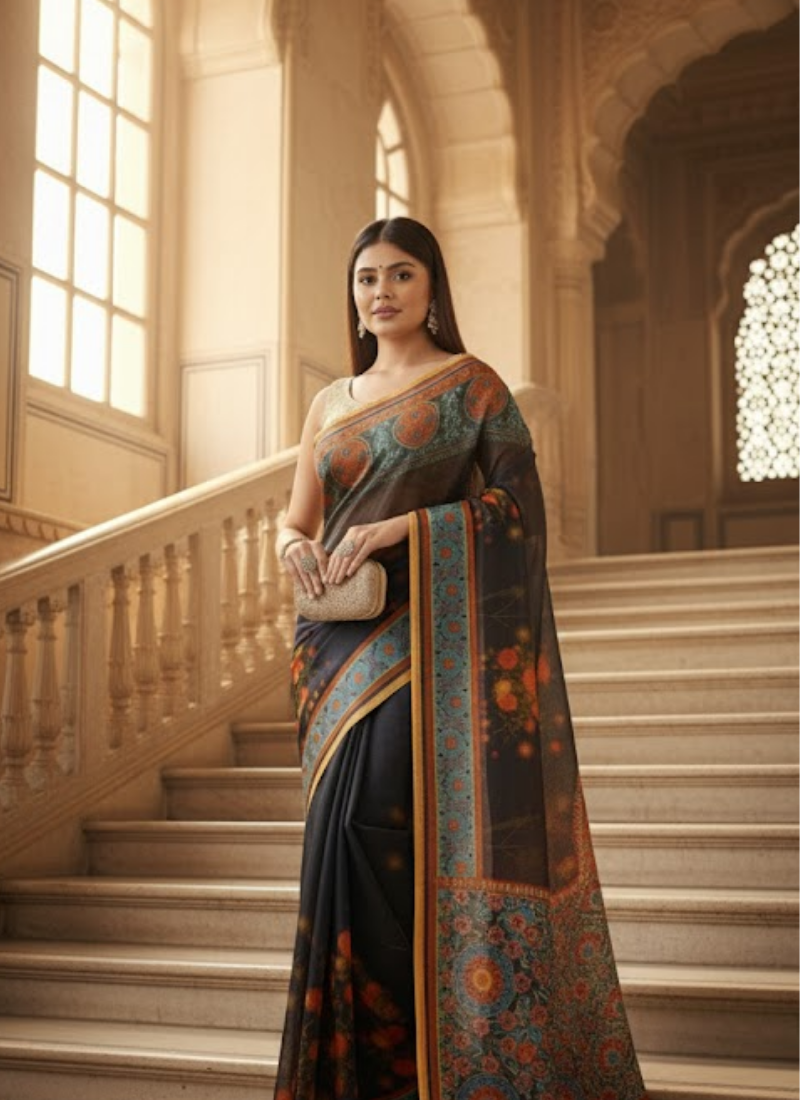 Black Tashar Silk Saree – Red Floral Artistic Print