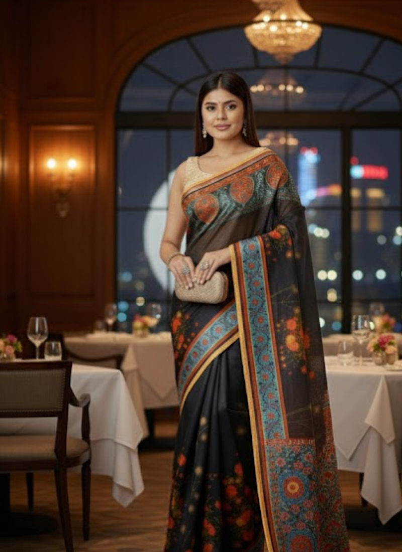 Black Tashar Silk Saree – Red Floral Artistic Print