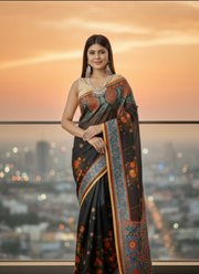 Black Tashar Silk Saree – Red Floral Artistic Print 5