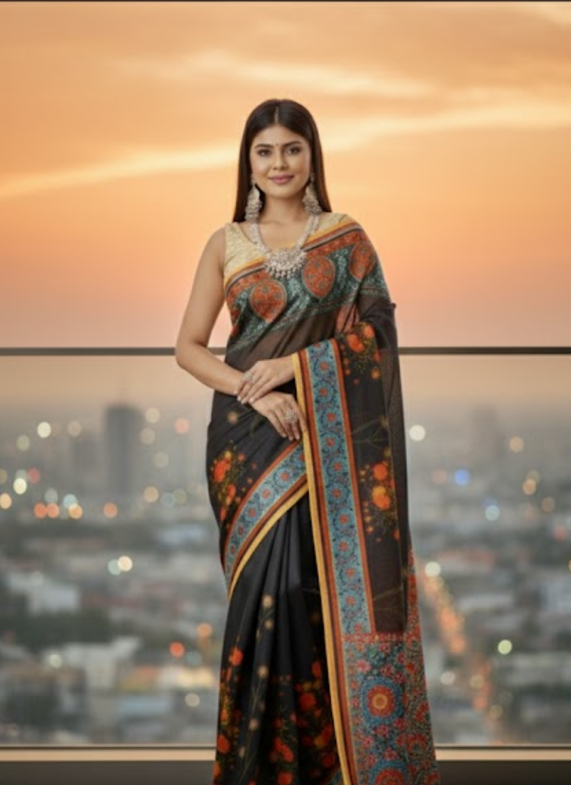 Black Tashar Silk Saree – Red Floral Artistic Print