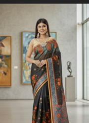 Black Tashar Silk Saree – Red Floral Artistic Print 6
