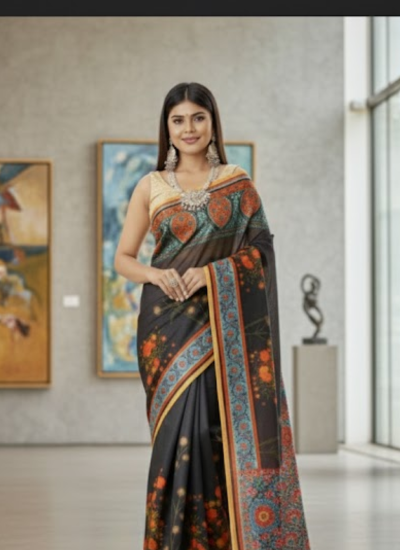 Black Tashar Silk Saree – Red Floral Artistic Print