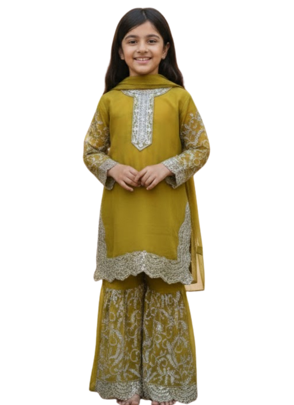 Olive Green Chiffon Kids Sharara Suit – Ethnic Wear for Girls Australia
