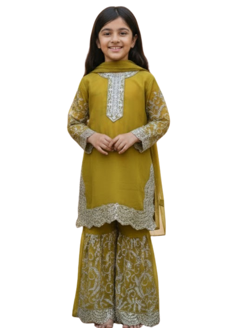 Olive Green Chiffon Kids Sharara Suit – Ethnic Wear for Girls
