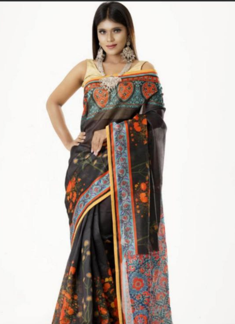 Black Tashar Silk Saree – Red Floral Artistic Print