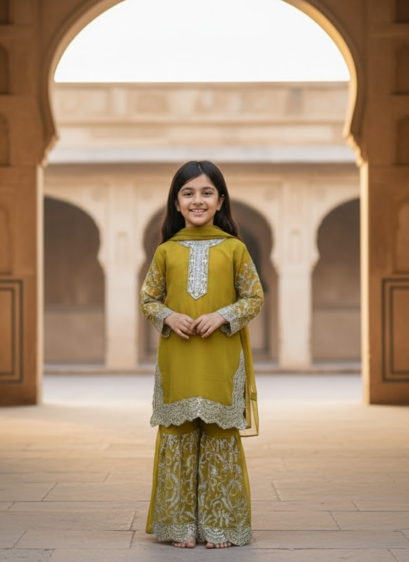 Olive Green Chiffon Kids Sharara Suit – Ethnic Wear for Girls
