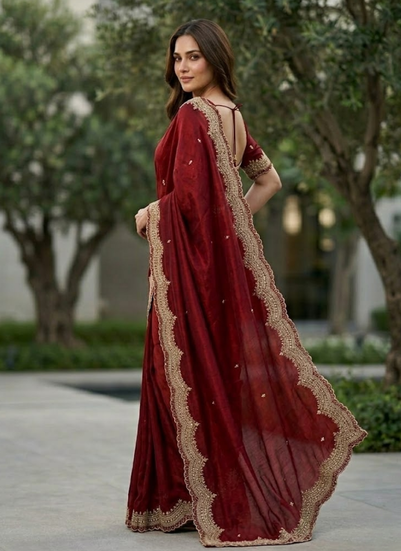Fendy Satin Silk Saree – Gold Embroidery with Pearl Detailing & Matching Blouse